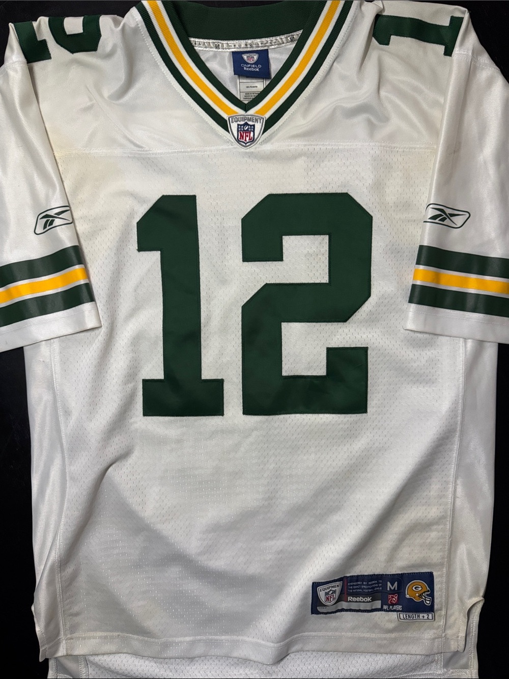 Reebok White Green and Yellow Green Bay Packers #12 Jersey